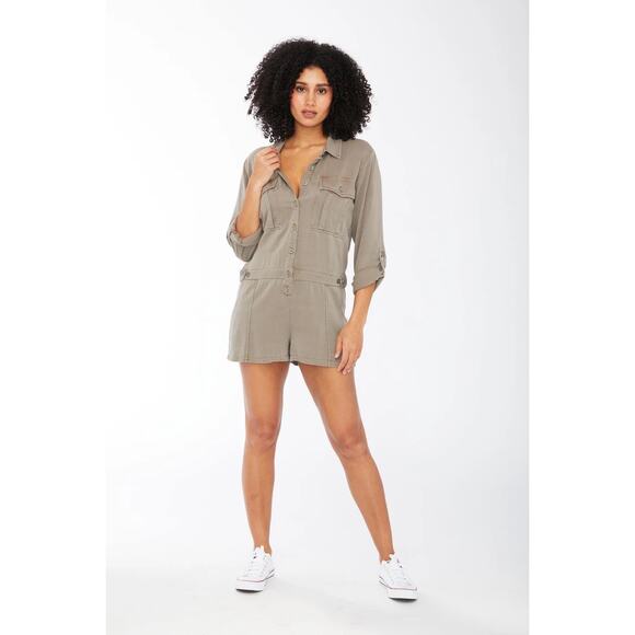 SUNDAYS SENNA ROMPER IN BRINDLE Size Large Taupe Grey Long Sleeve Utility Chic - Picture 1 of 16